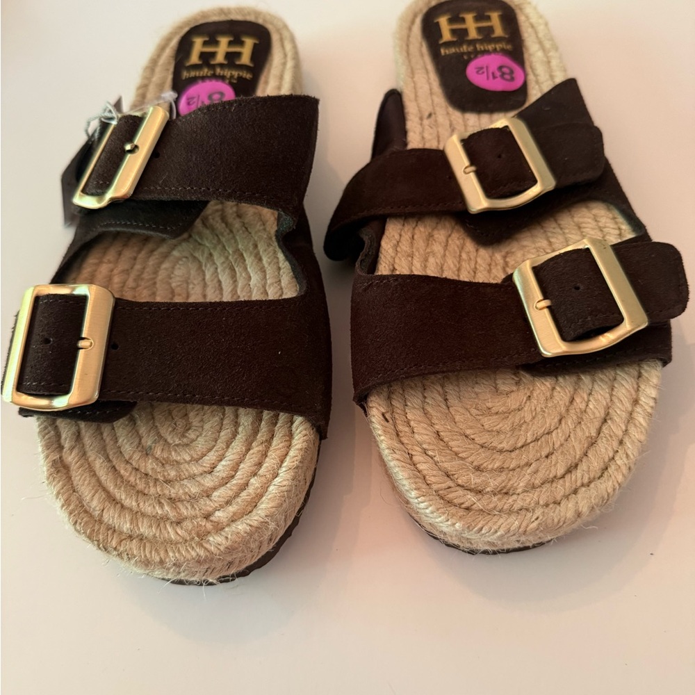 Haute Hippie Brown Suede Double Buckle Espadrille Slide Sandals New Women’s 8.5